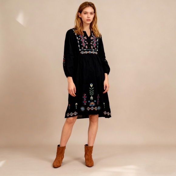 JOHNNY WAS BUTTON FRONT YOKE DRESS BLACK FLORAL EMBROIDERED SZ XS - Picture 2 of 11